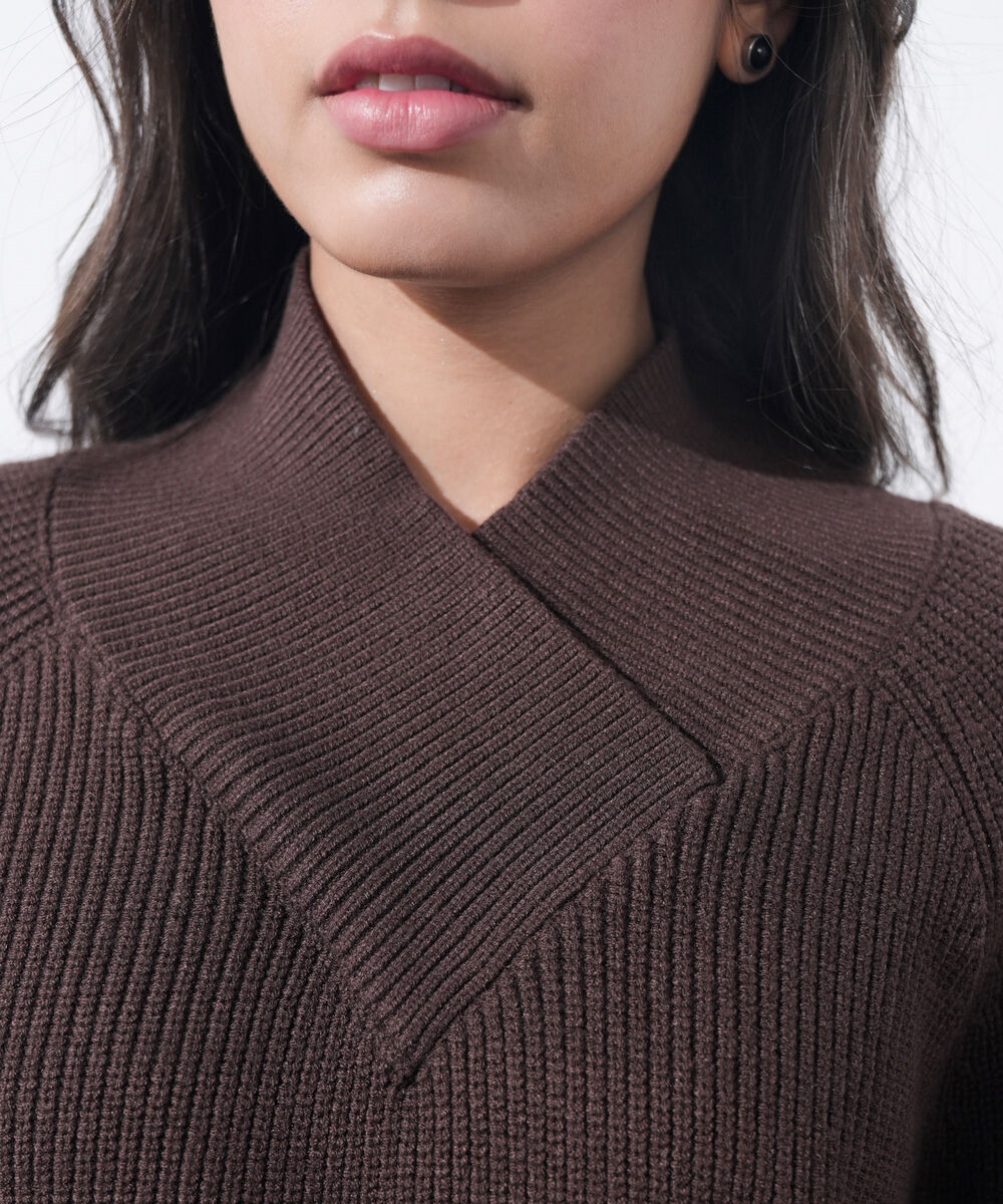 Women's Western Wear Brown Cross-Over High Neck Sweater