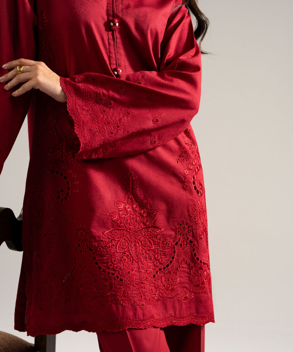 Women's RTW Self Jacquard Embroidered Red 2 Piece Suit