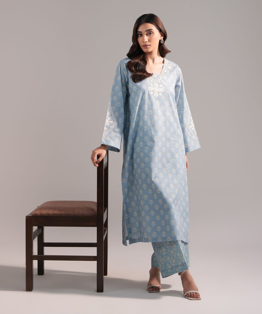 Women's RTW Slub Lawn Embroidered Blue Straight Shirt