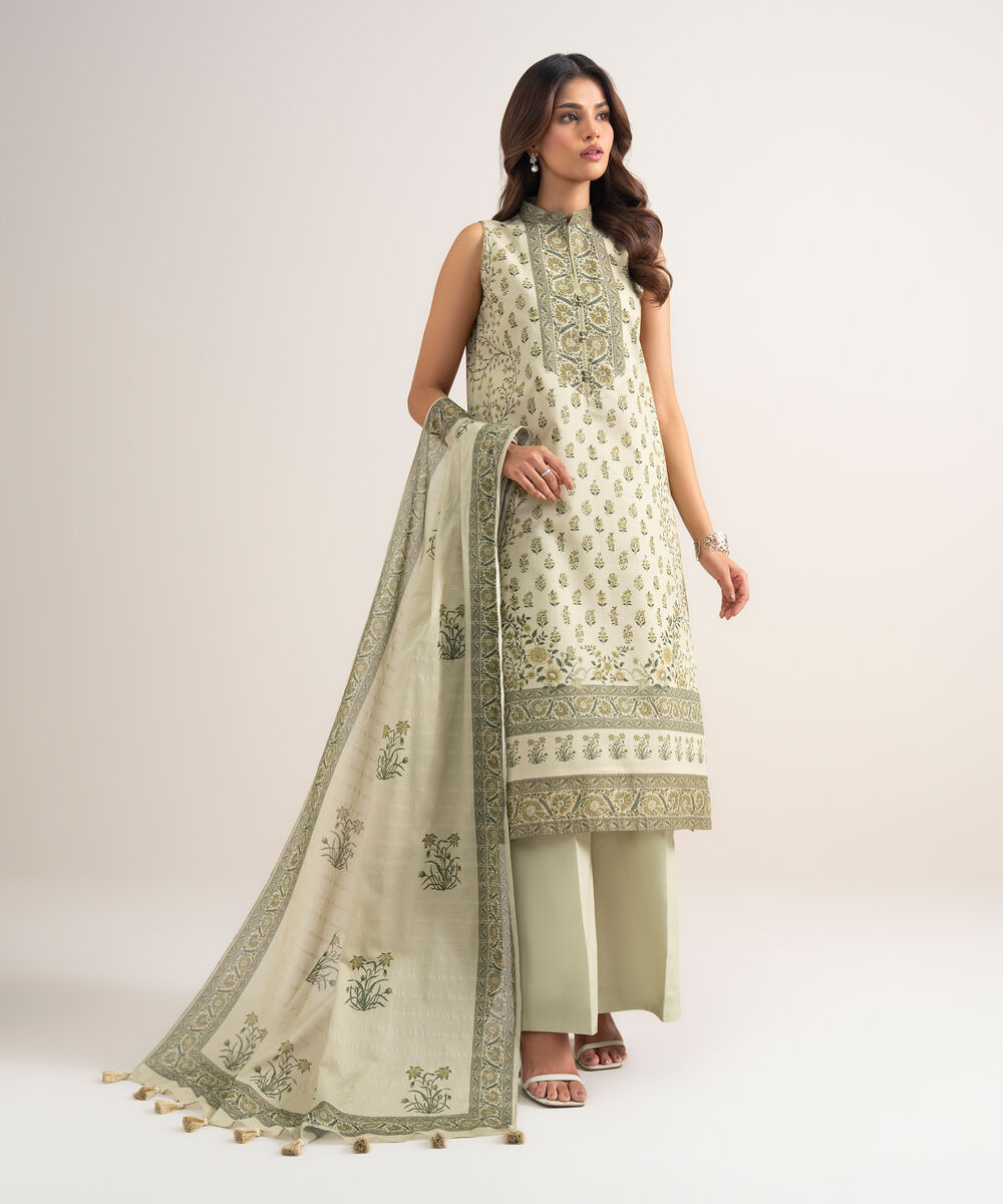 Women's Unstitched Zari Lawn Printed Beige 3 Piece Suit