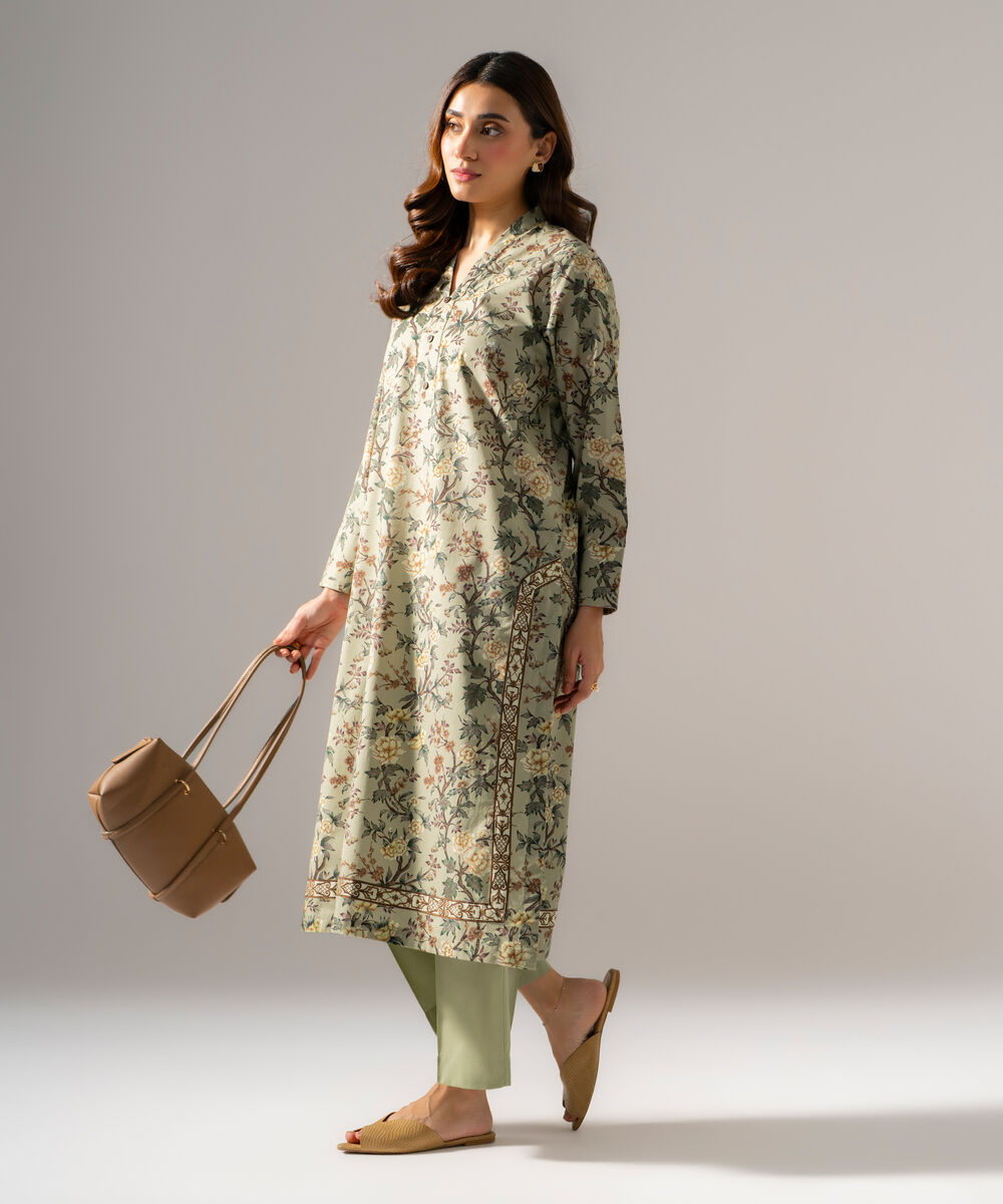 Women's RTW Cambric Printed Muted Green Straight Shirt