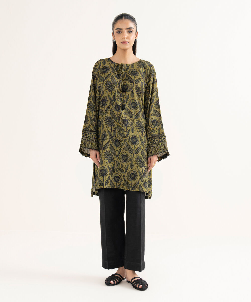 Women's RTW Cotton Viscose Printed Drop Shoulder Green Shirt