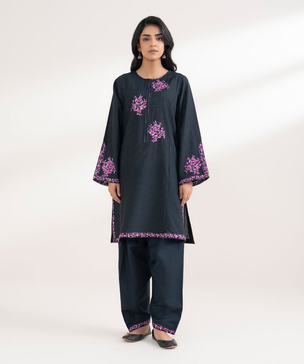 Women's RTW Light Khaddar Embroidered Black Straight Shirt