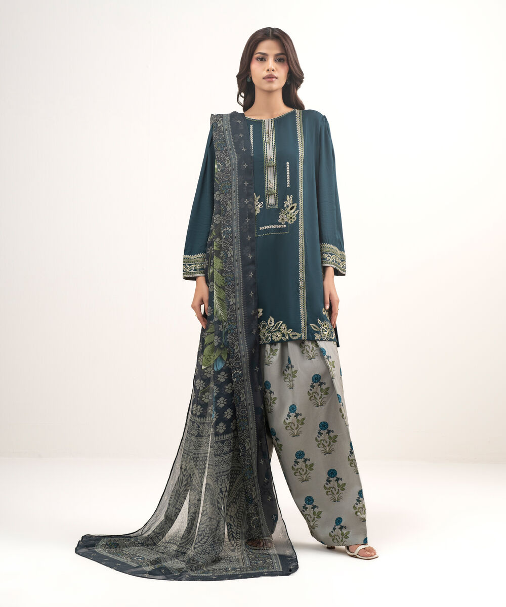 Women's RTW Dobby Embroidered Teal 3 Piece Suit