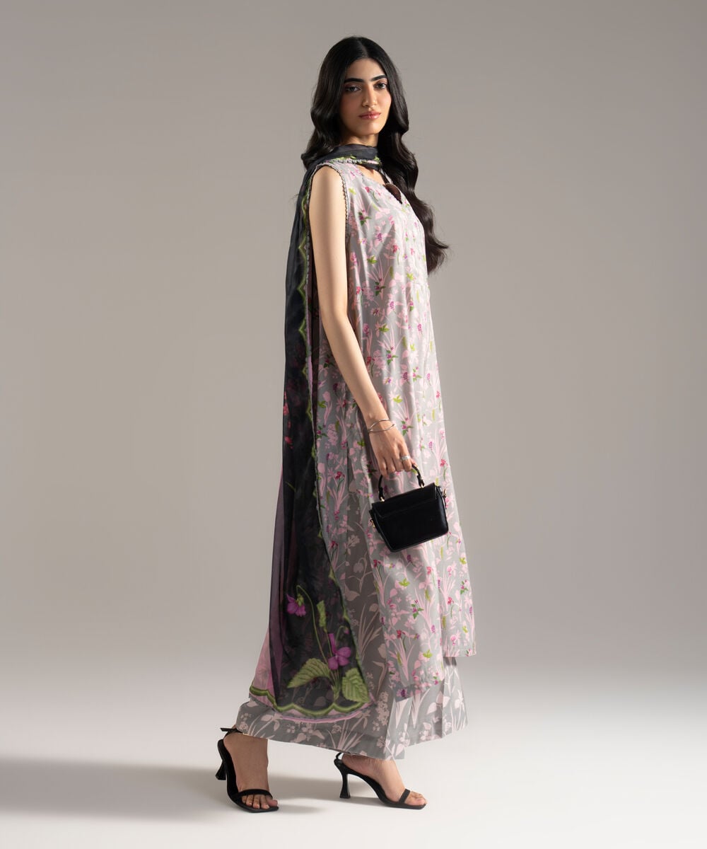 Women's RTW Viscose Raw Silk Printed Grey 3 Piece Suit