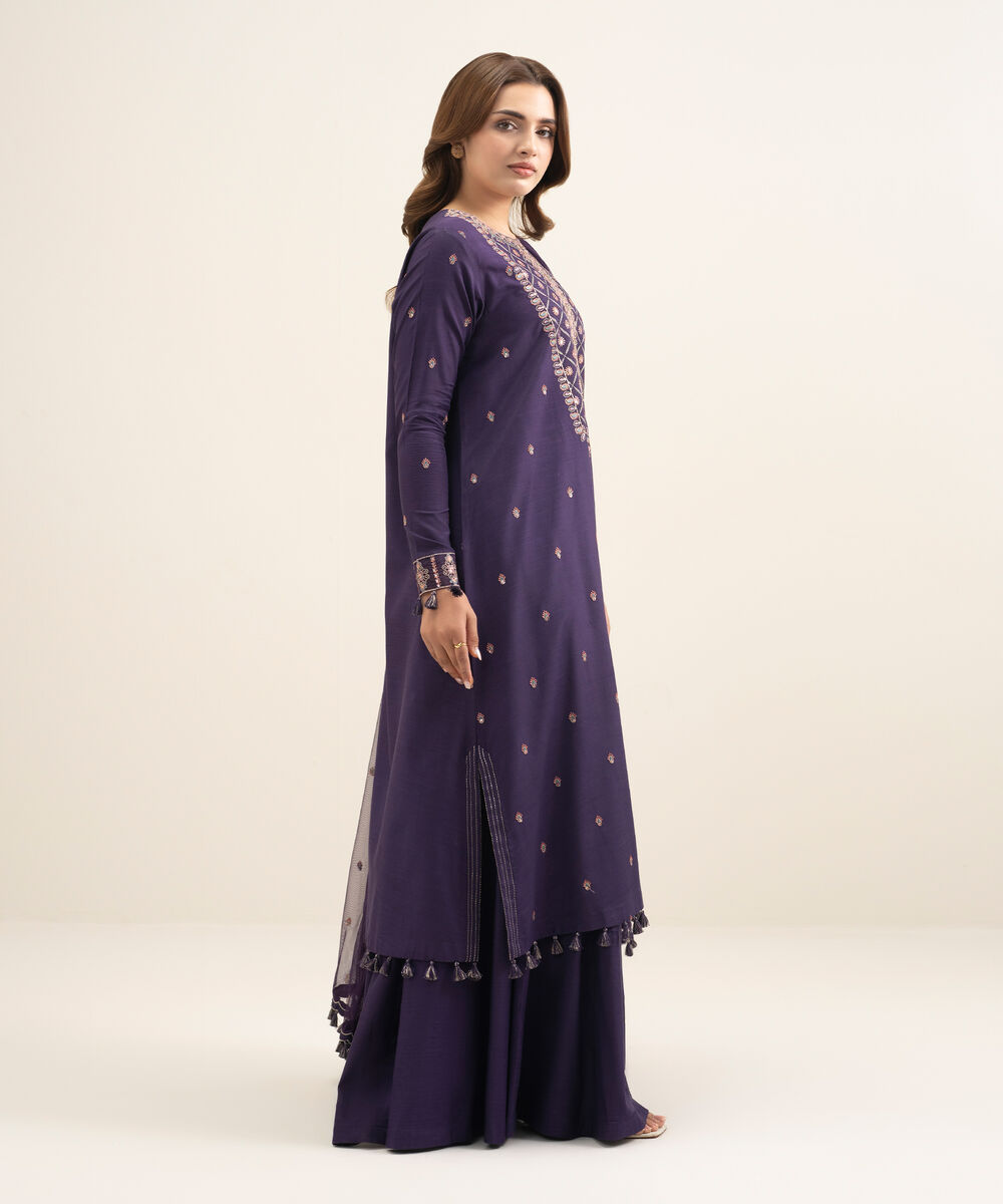 Women's Unstitched Viscose Raw Silk Embroidered Purple 3 Piece Suit