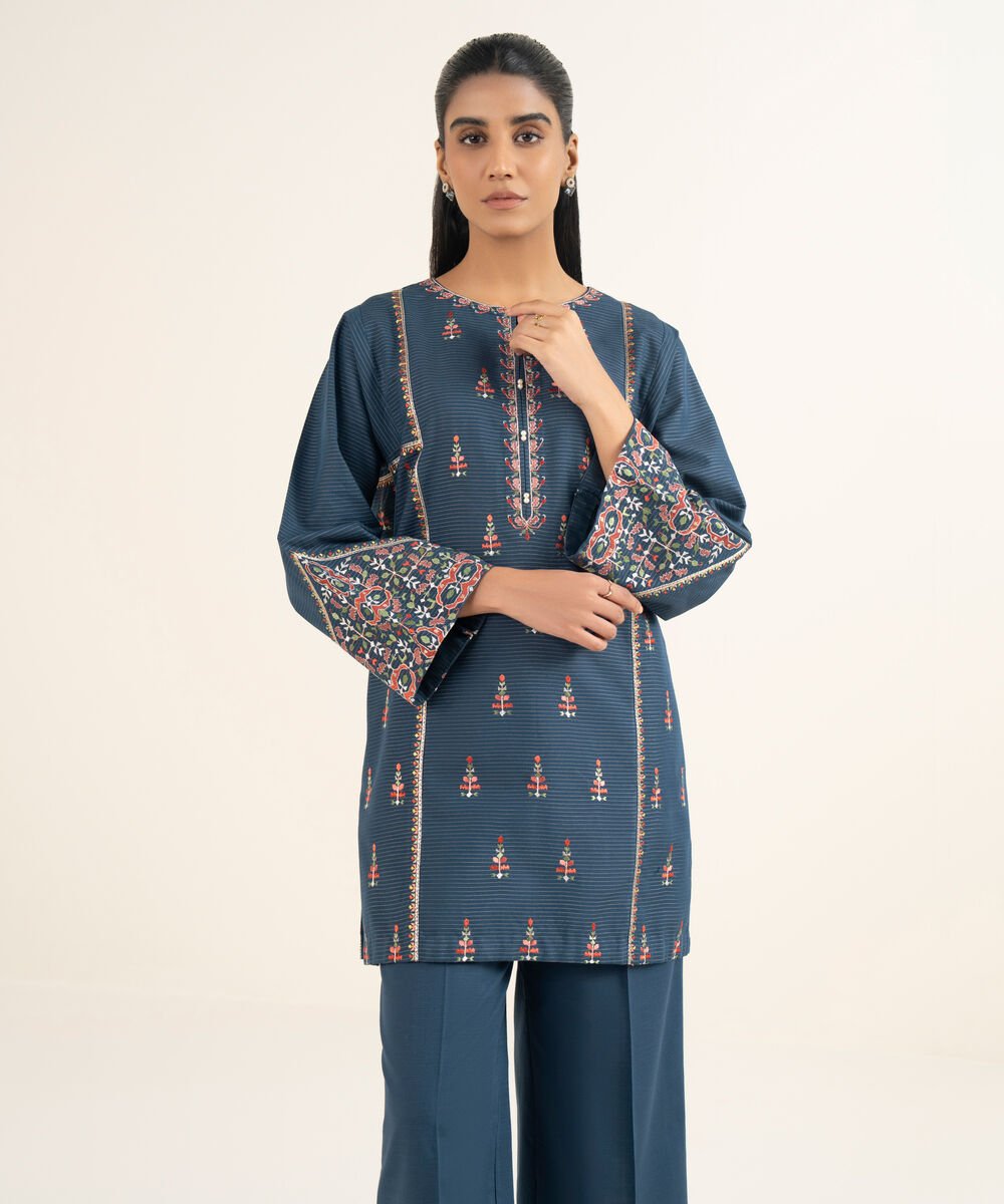 Women's RTW Light Khaddar Embroidered Straight Blue Shirt