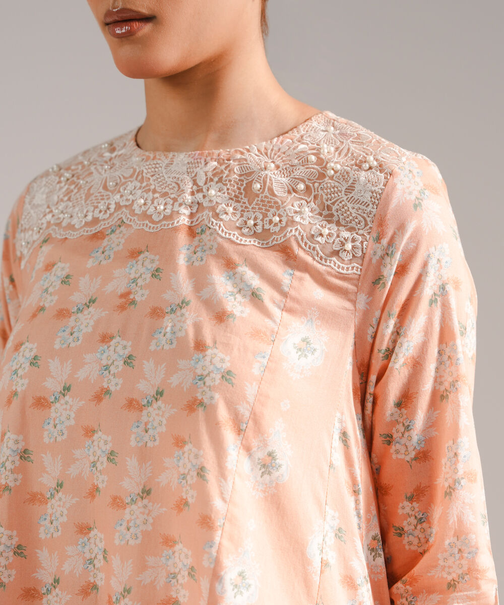 Women's RTW Cotton Satin Embroidered Peach 3 Piece Suit