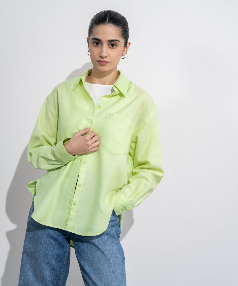 Women's Western Wear Lime Loose-Fit Oxford Shirt