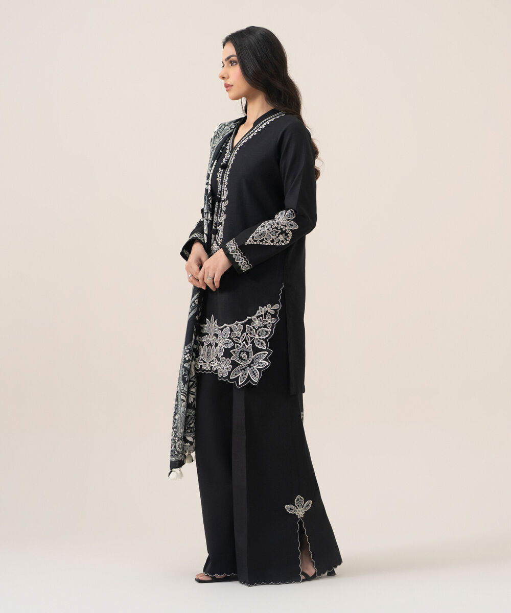 Women's Unstitched Basic Khaddar Embroidered Black 3 Piece Suit