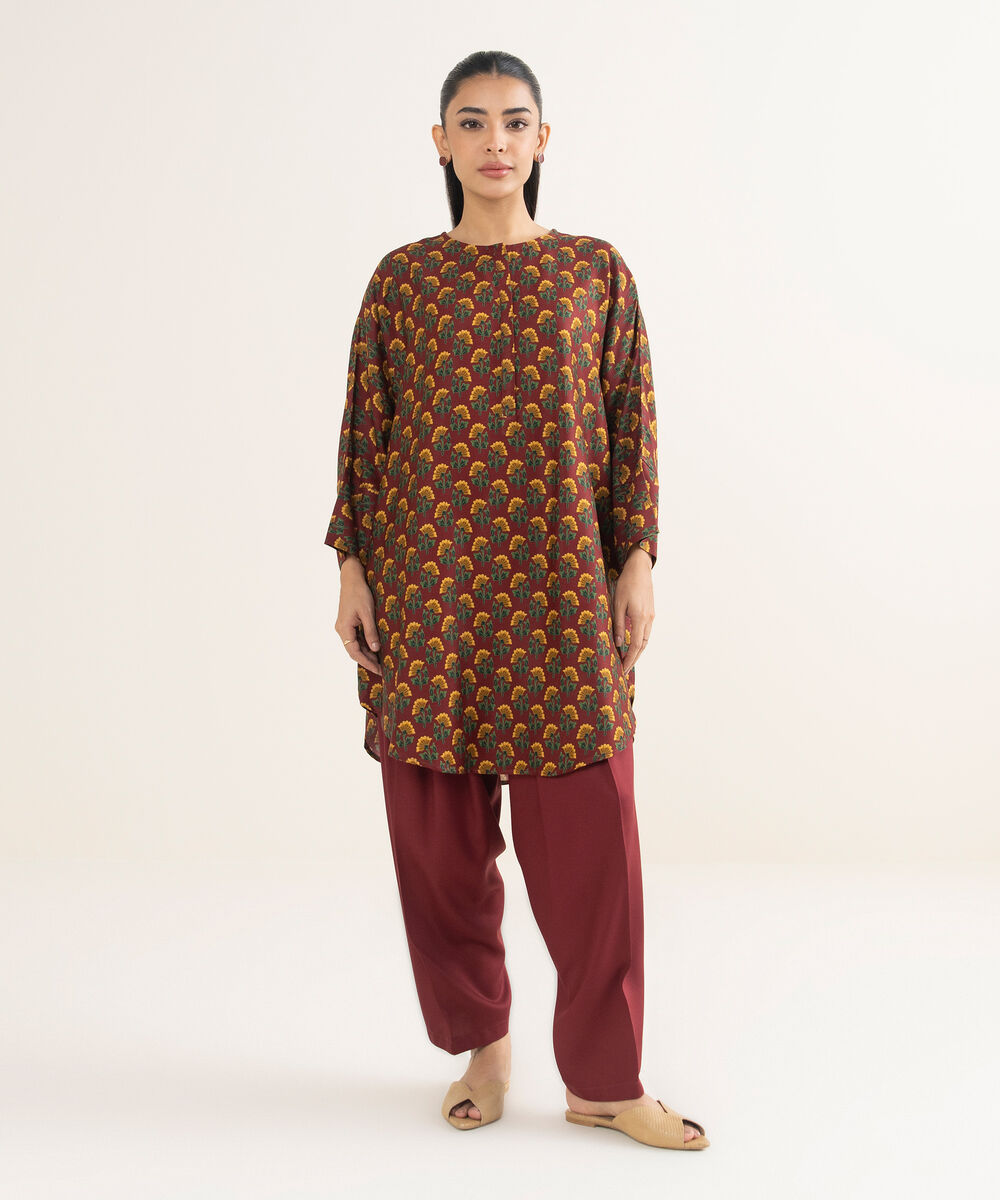 Women's RTW Bedford Printed Maroon Boxy Shirt