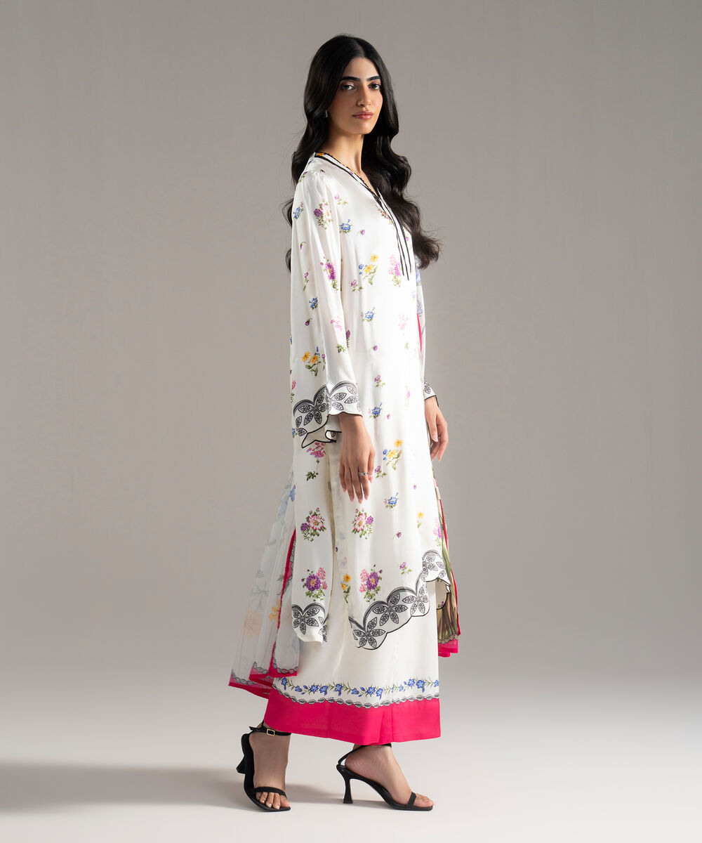 Women's RTW White Featheer Chamoz Printed White 3 Piece Suit