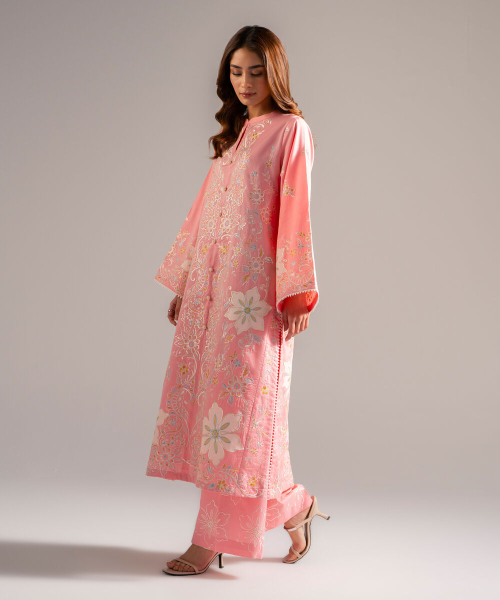 Women's RTW Cotton Satin Embroidered Pink 2 Piece Suit