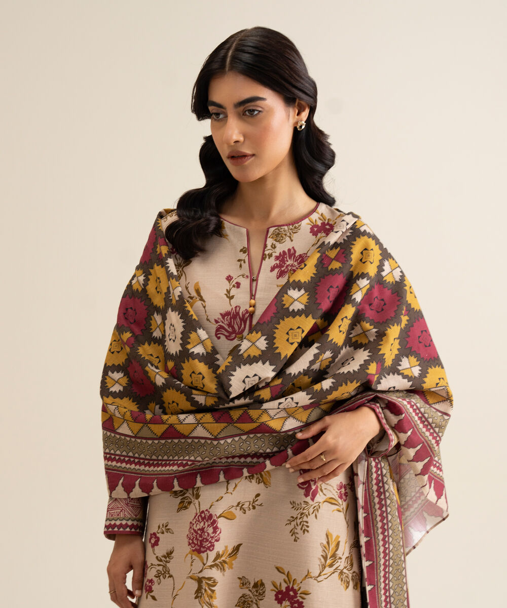 Women's Unstitched Premium Khaddar Printed Beige 3 Piece Suit