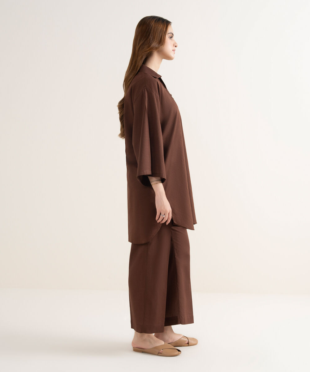 Women's RTW Handwoven Dobby Solid Boxy Brown Shirt