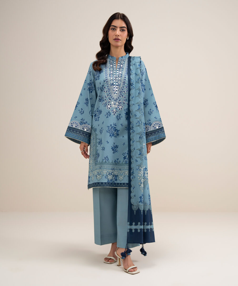 Women's Unstitched Lawn Embroidered Ice Blue 3 Piece Suit