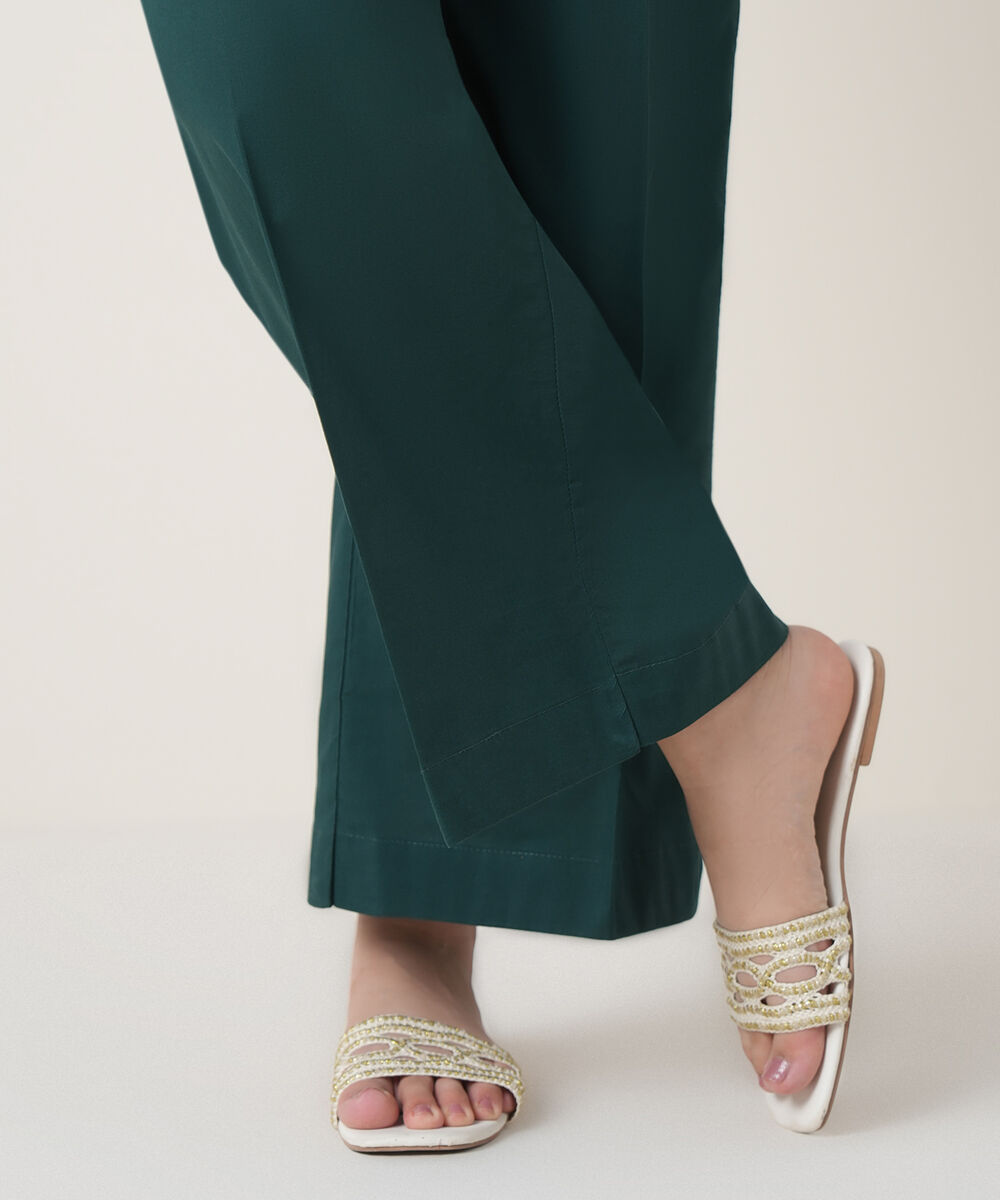 Women's RTW Cambric Green Solid Trousers