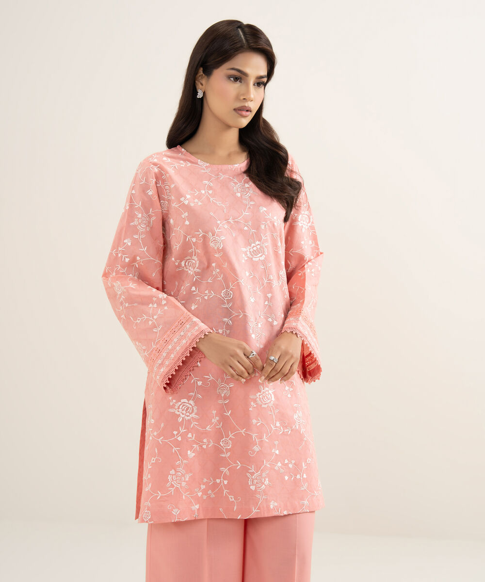 Women's RTW Self Jacquard Embroidered Pink Straight Shirt