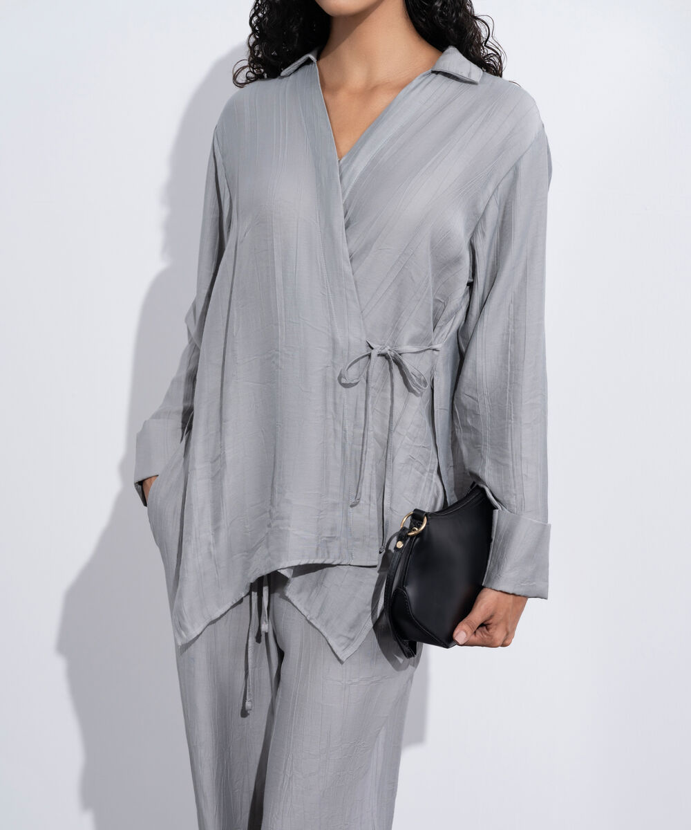 Women's Western Wear Grey Textured Wrap Around Shirt