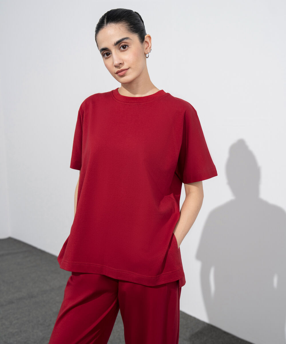 Women's Western Wear Red Loose Fit Jersey T-Shirt