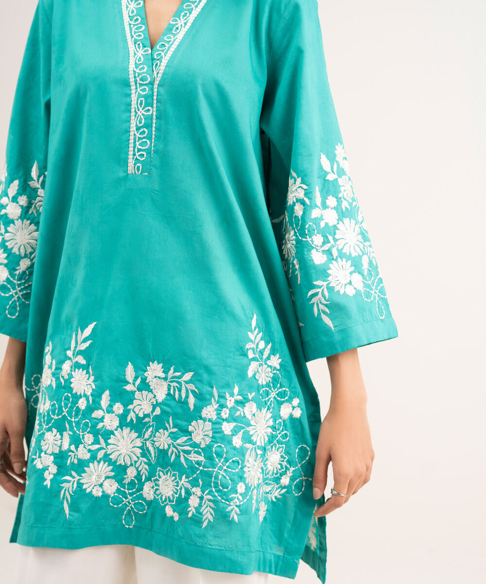 Women's RTW Self Jacquard Embroidered Green Straight Shirt