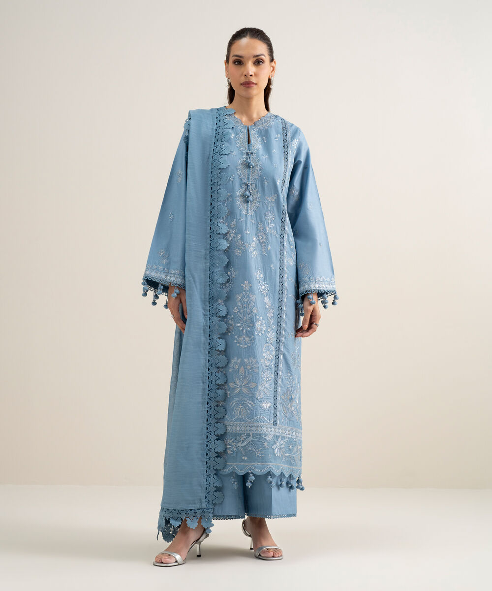 Women's Unstitched Lawn Embroidered Sky Blue 3 Piece Suit