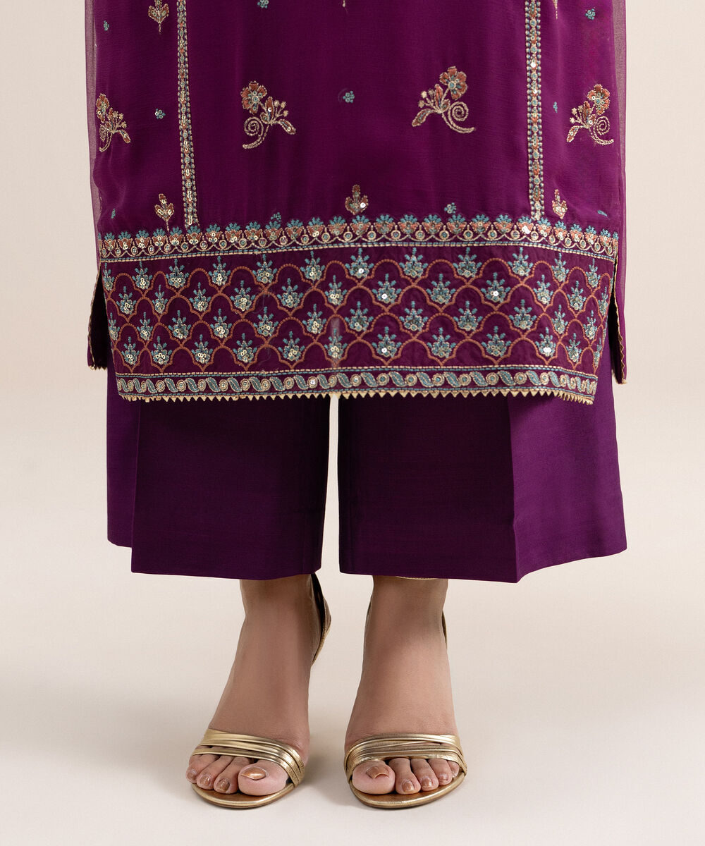 Women's Unstitched Embroidered Blended Chiffon Purple 3 Piece Suit
