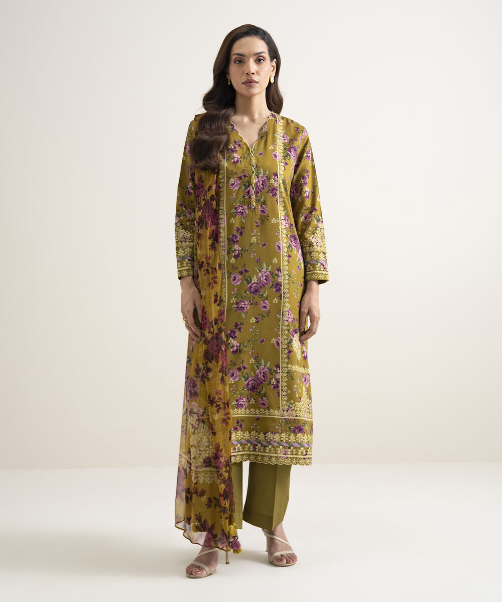 Women's Unstitched Arabic Lawn Printed Brown