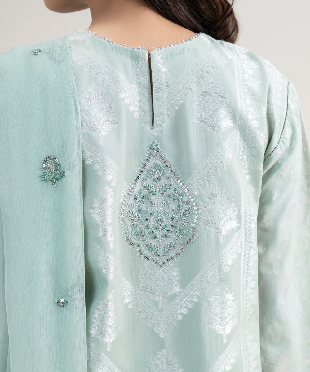 Women's Unstitched Extra Weft Jacquard Embroidered Blue 3 Piece Suit