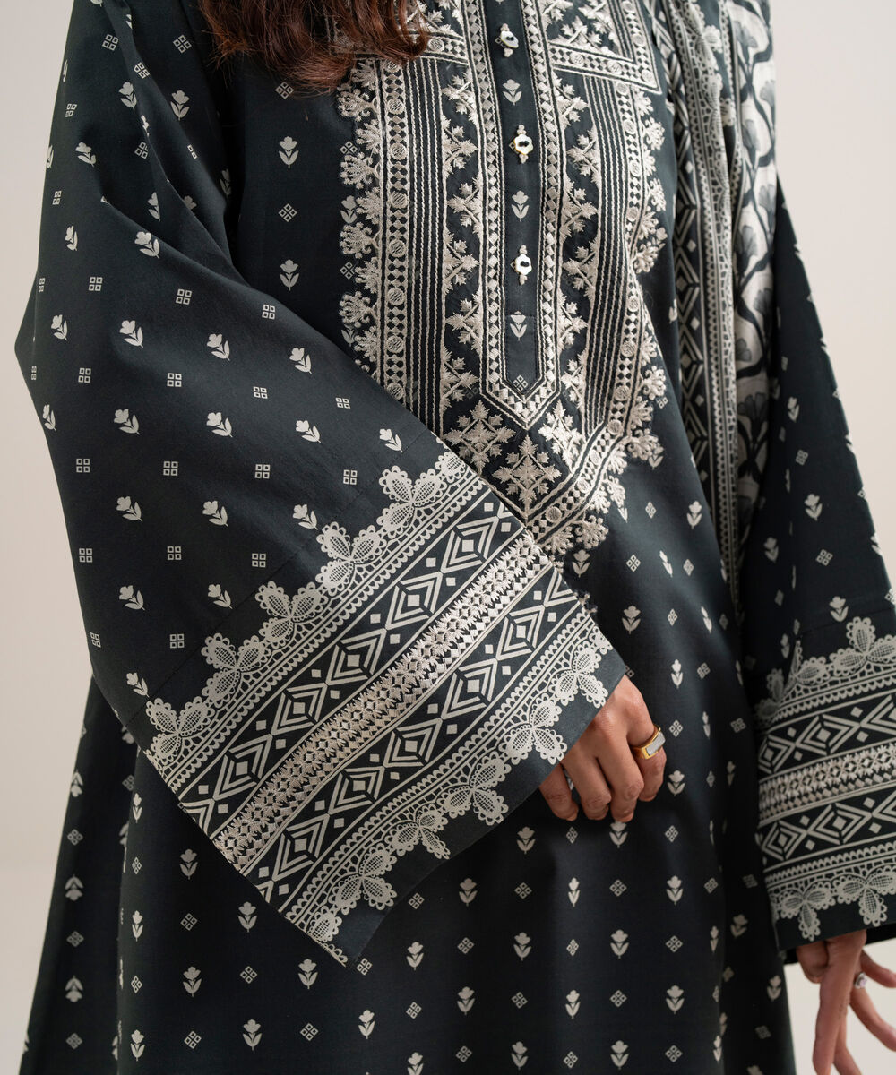 Women's Unstitched Lawn Embroidered Grey and Off White 3 Piece Suit