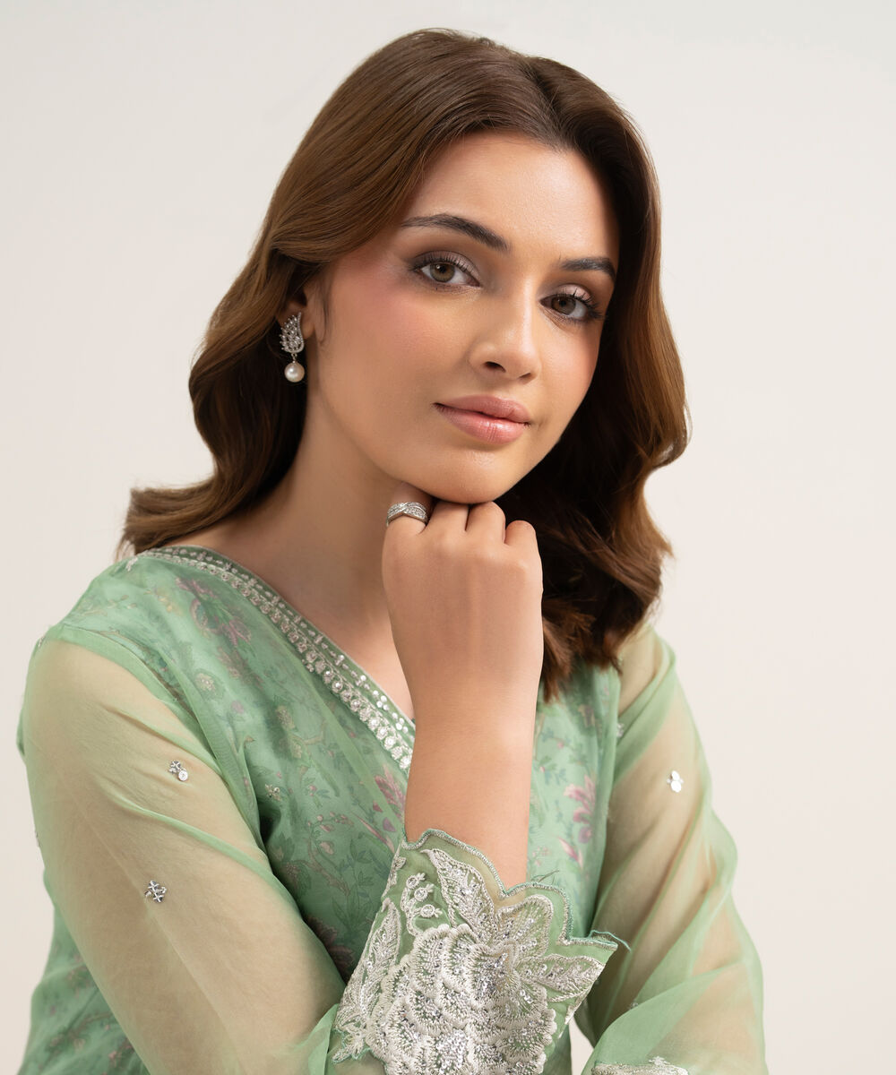 Women's RTW Blended Organza Embroidered Green 3 Piece Suit