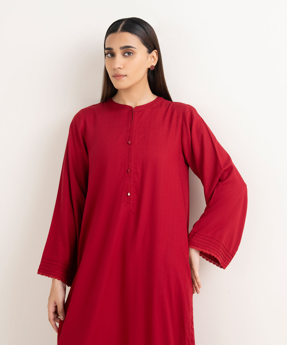 Women's RTW Textured Arabic Red Solid Straight Shirt
