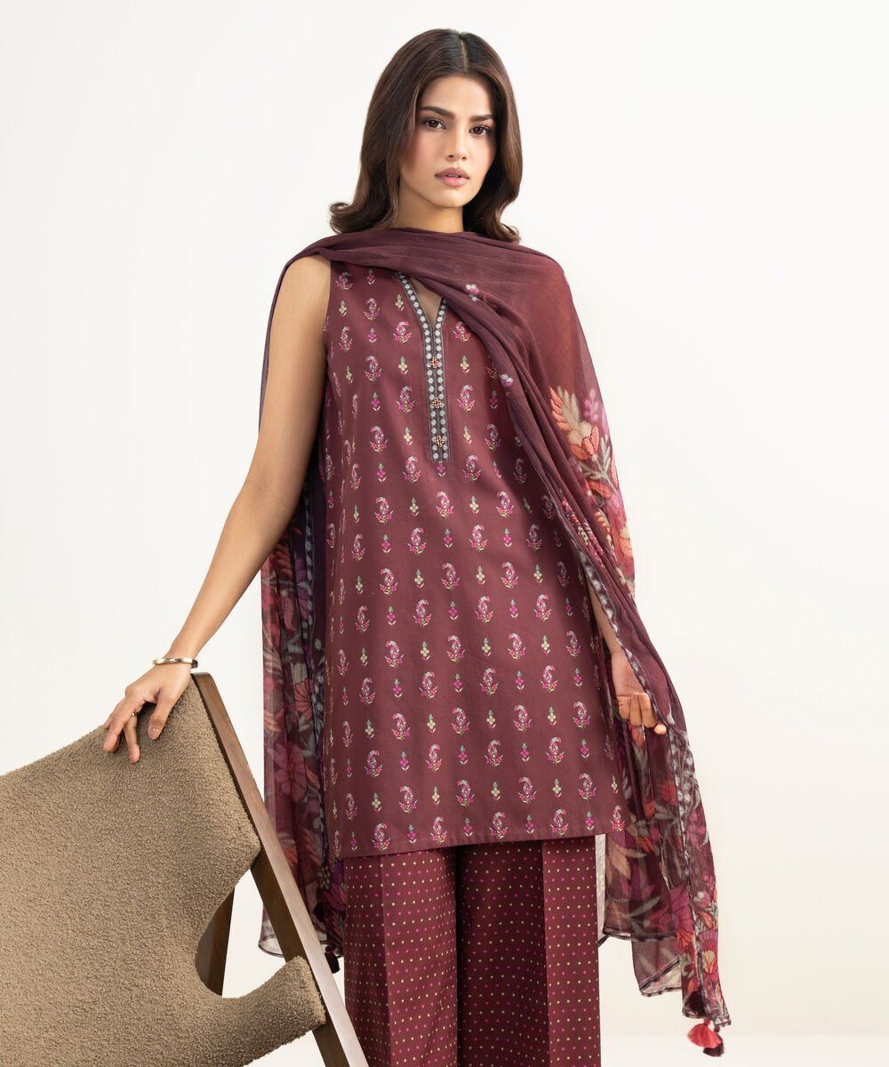 Women's Unstitched Lawn Printed Red 3 Piece Suit