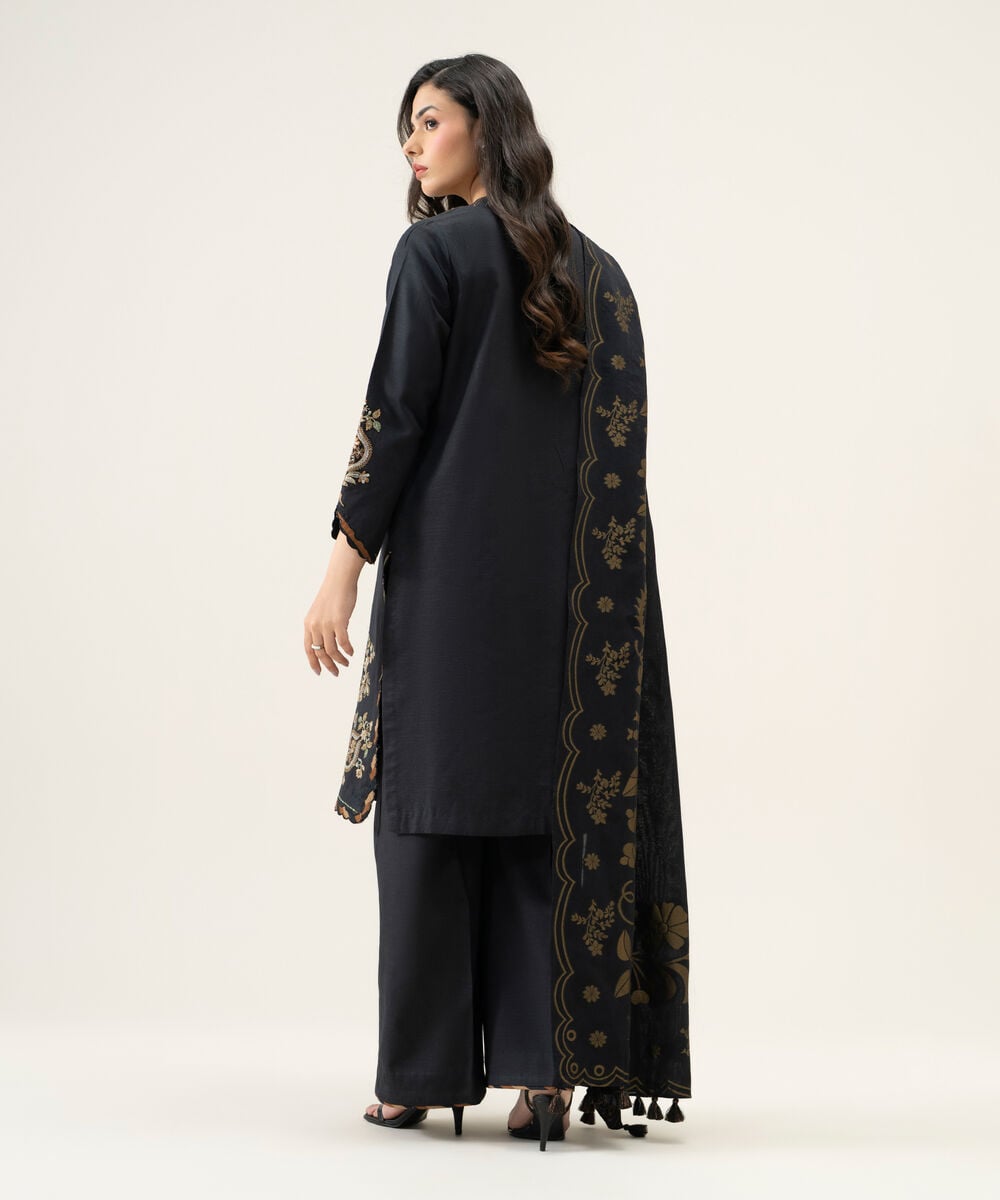 Women's Unstitched Basic Khaddar Embroidered Black 3 Piece Suit