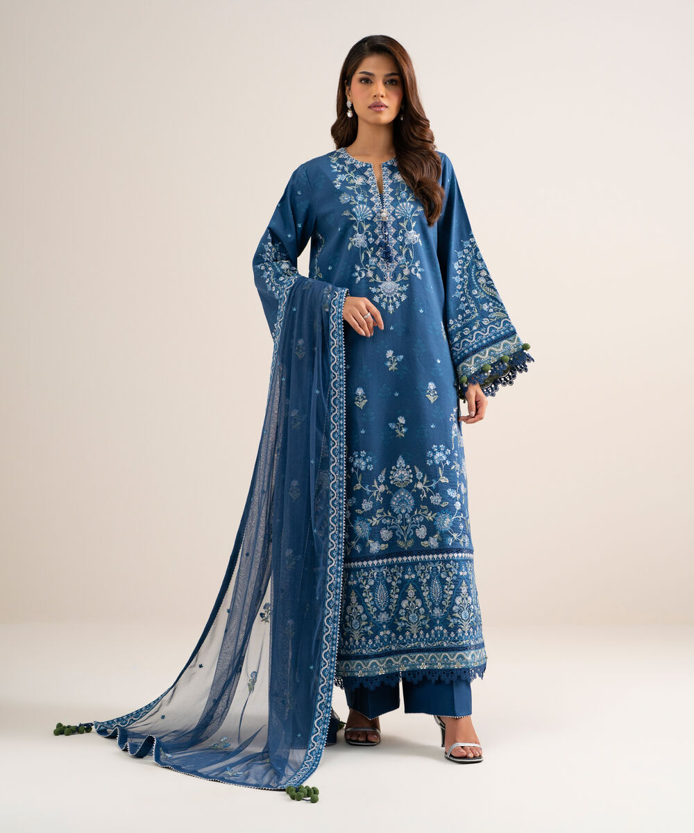 Women's Unstitched Fine Cotton Satin Embroidered Blue