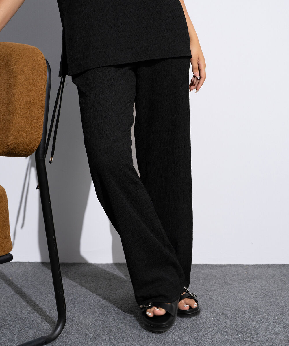 Women's Black Pull-On  Textured Trousers With Tie Detail