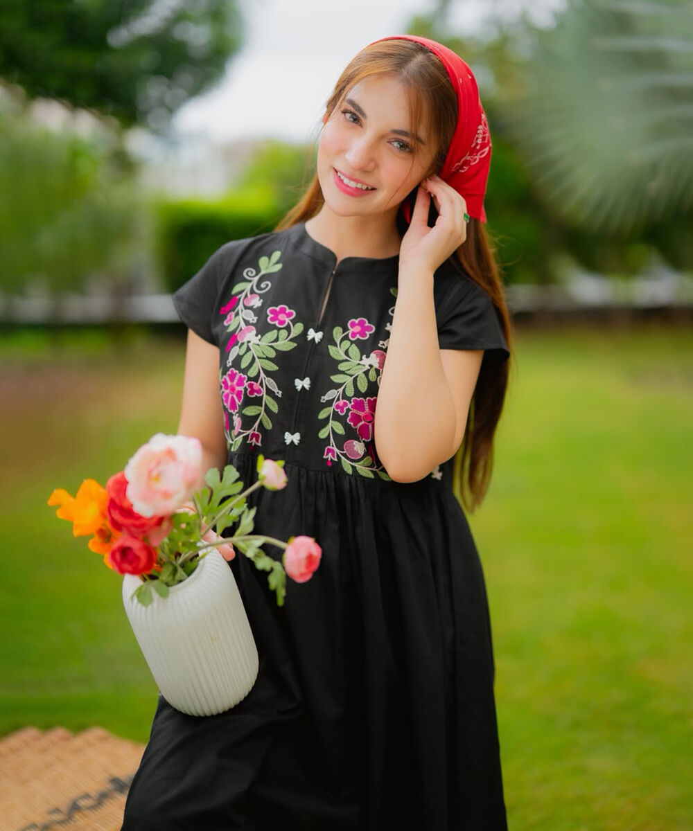 Women's RTW Dobby Embroidered Black Dress Shirt