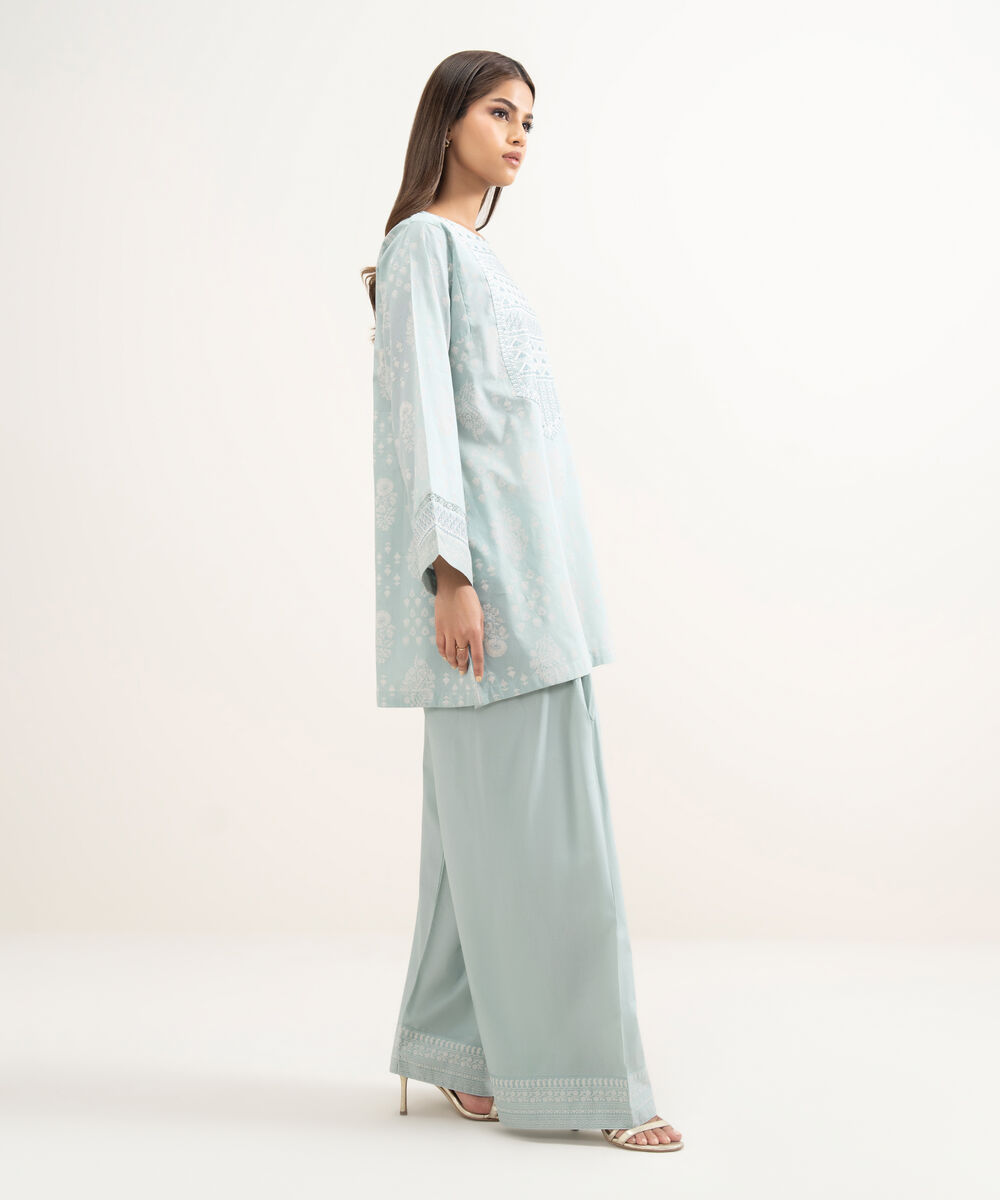 Women's RTW Lawn Embroidered Blue Boxy Shirt