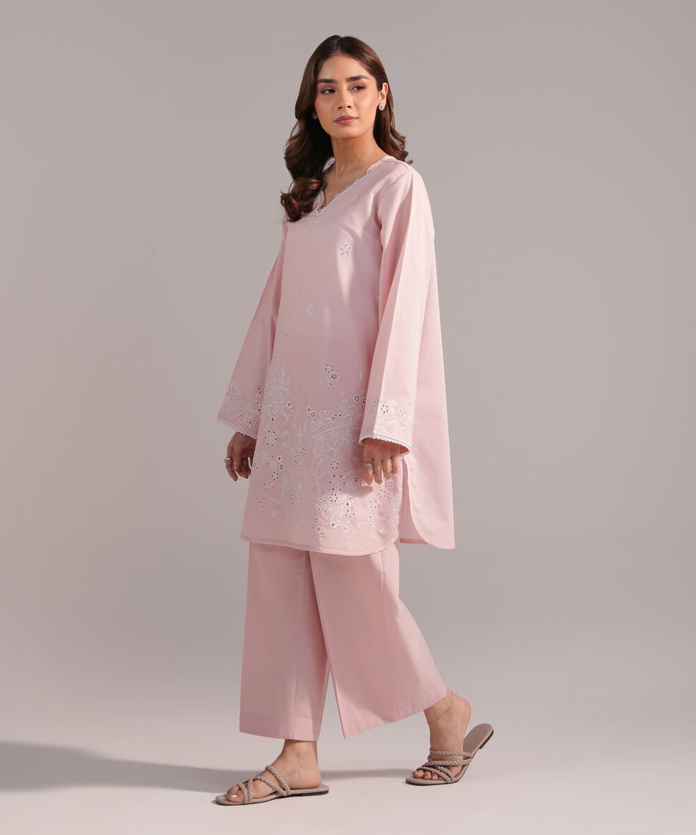 Women's RTW Crosshatch Embroidered Pink Straight Shirt