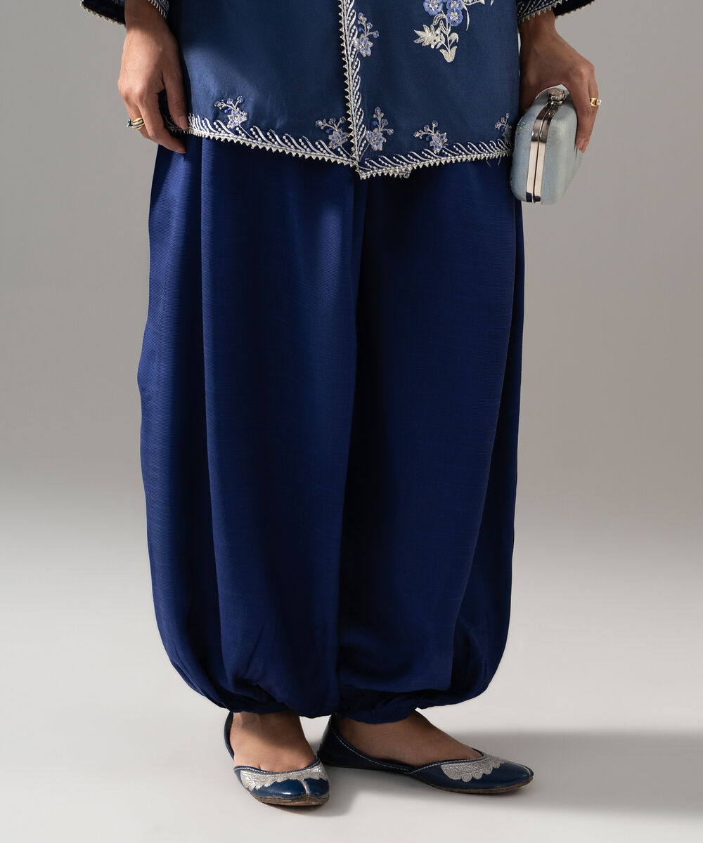 Women's RTW Cotton Net Solid Embroidered Blue 2 Piece Suit