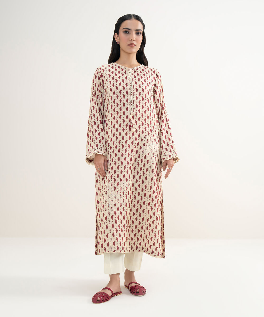 Women's RTW Viscose Raw Silk Embroidered Cream White Straight Shirt