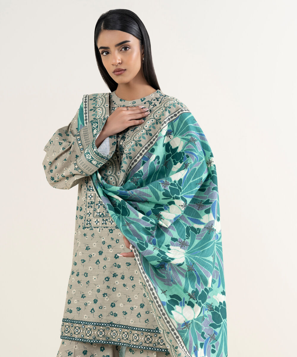 Women's Unstitched Embroidered Khaddar Beige 3 Piece Suit