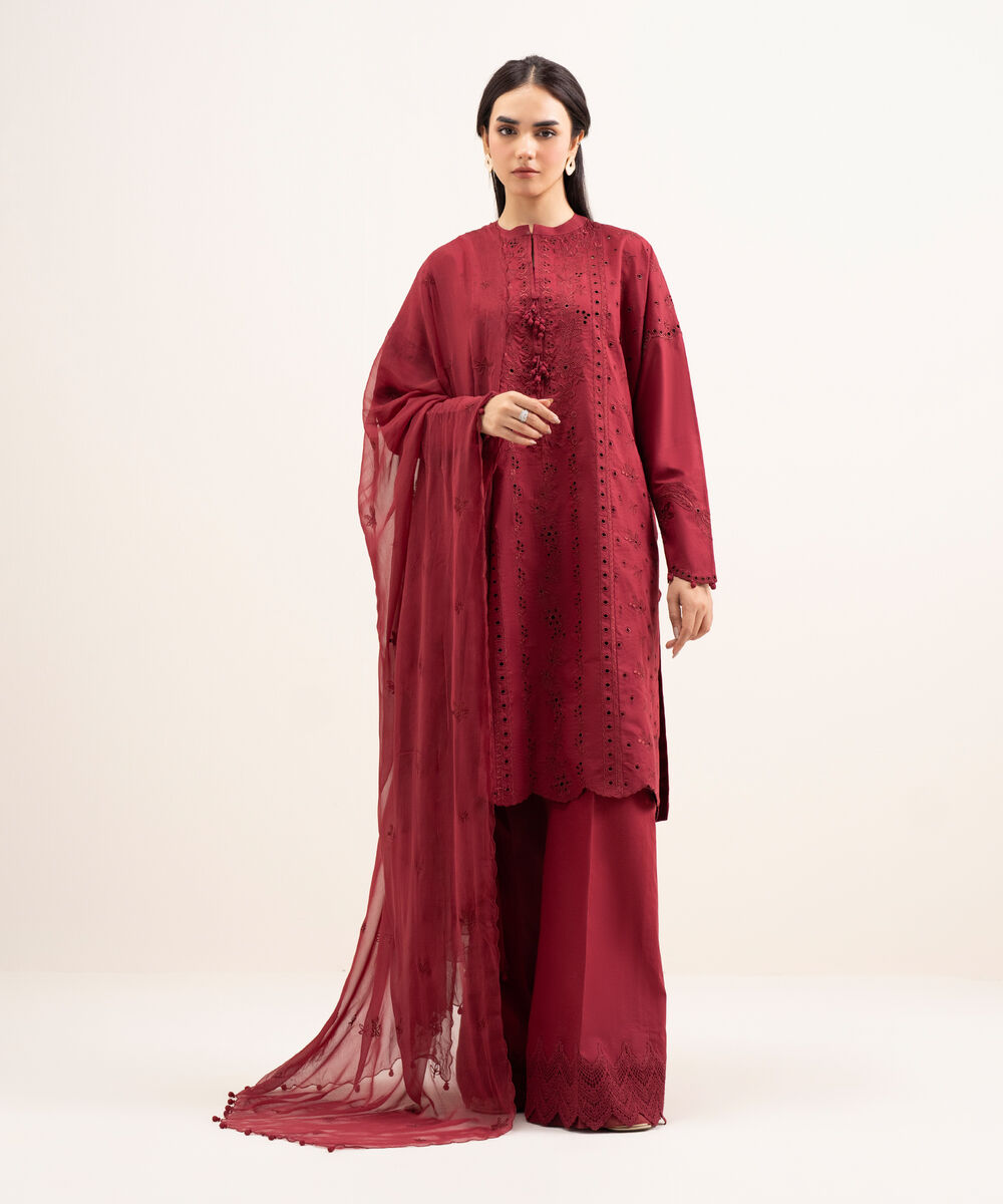 Women's Unstitched Textured Lawn Embroidered Red 3 Piece Suit