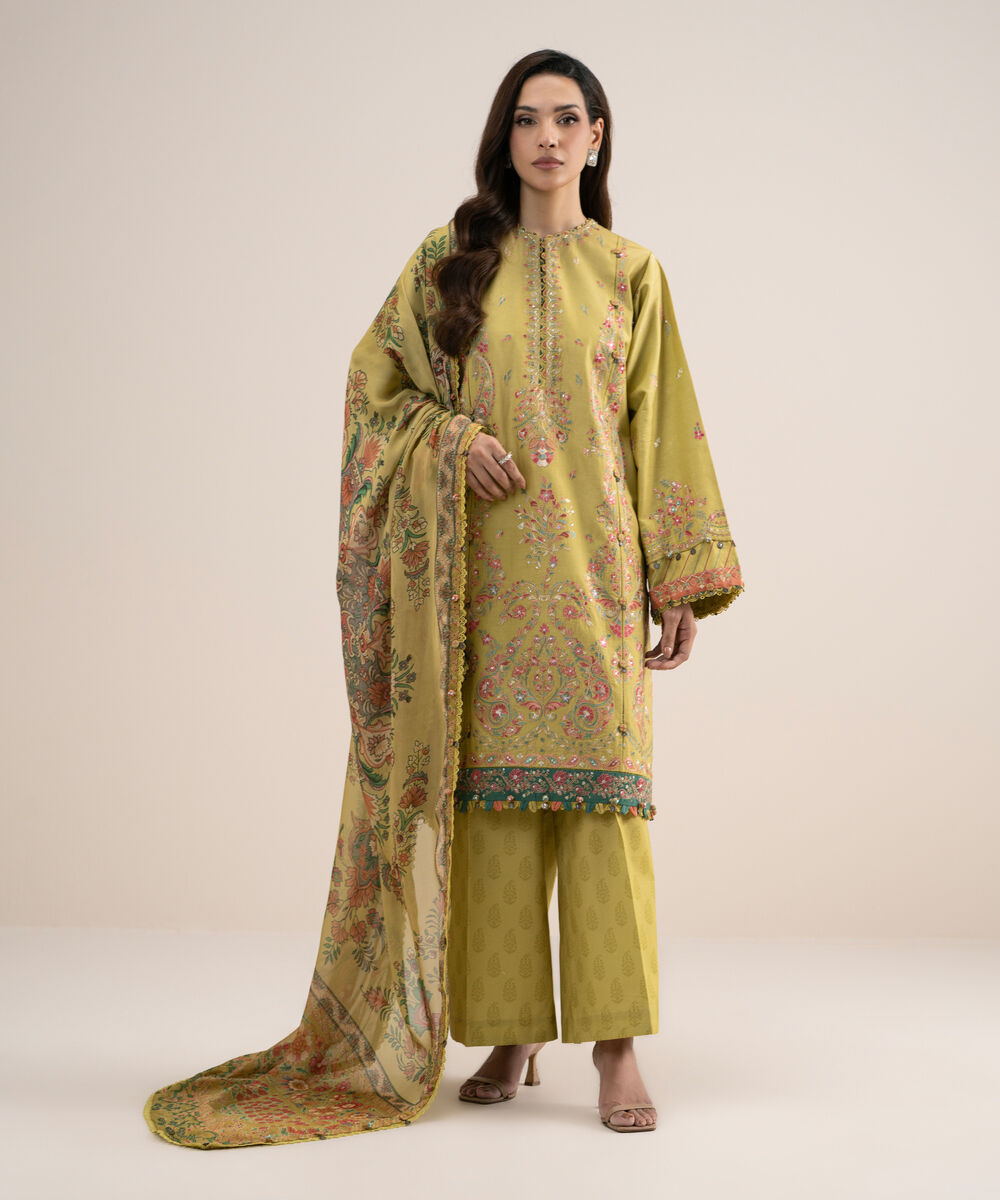 Women's Unstitched Embroidered Fine Cotton Satin Mustard 3 Piece Suit