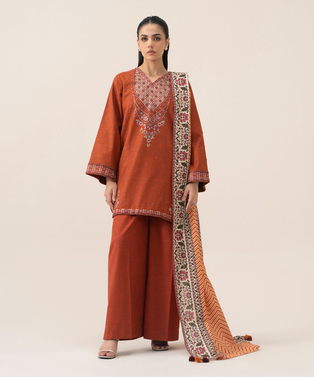 Women's Unstitched Cotton Embroidered Burnt Orange 3 Piece Suit