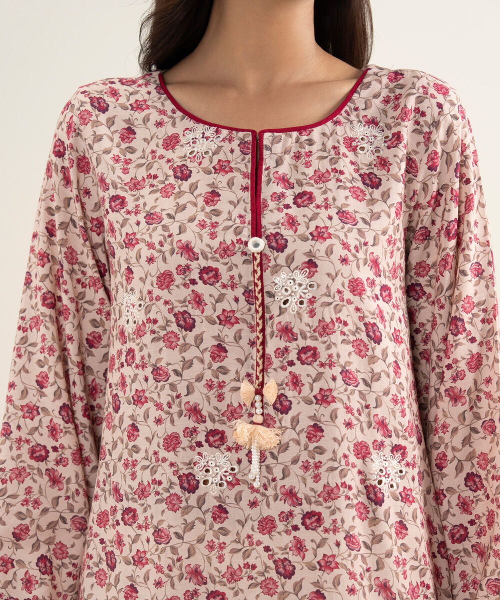 Women's RTW Viscose Raw Silk Embroidered Pink Straight Shirt
