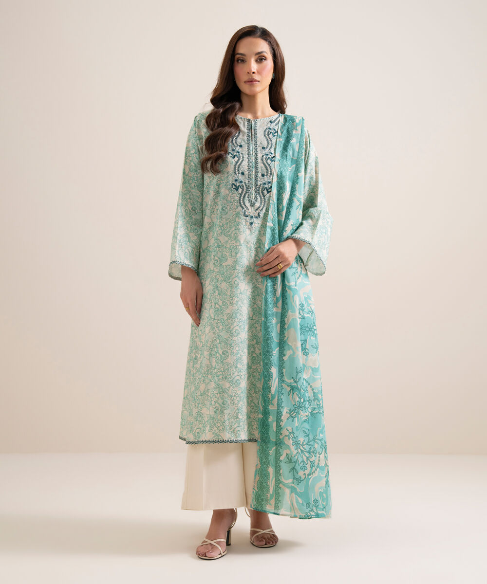 Women's Unstitched Lawn Embroidered Off White and Tea Pink 3 Piece Suit