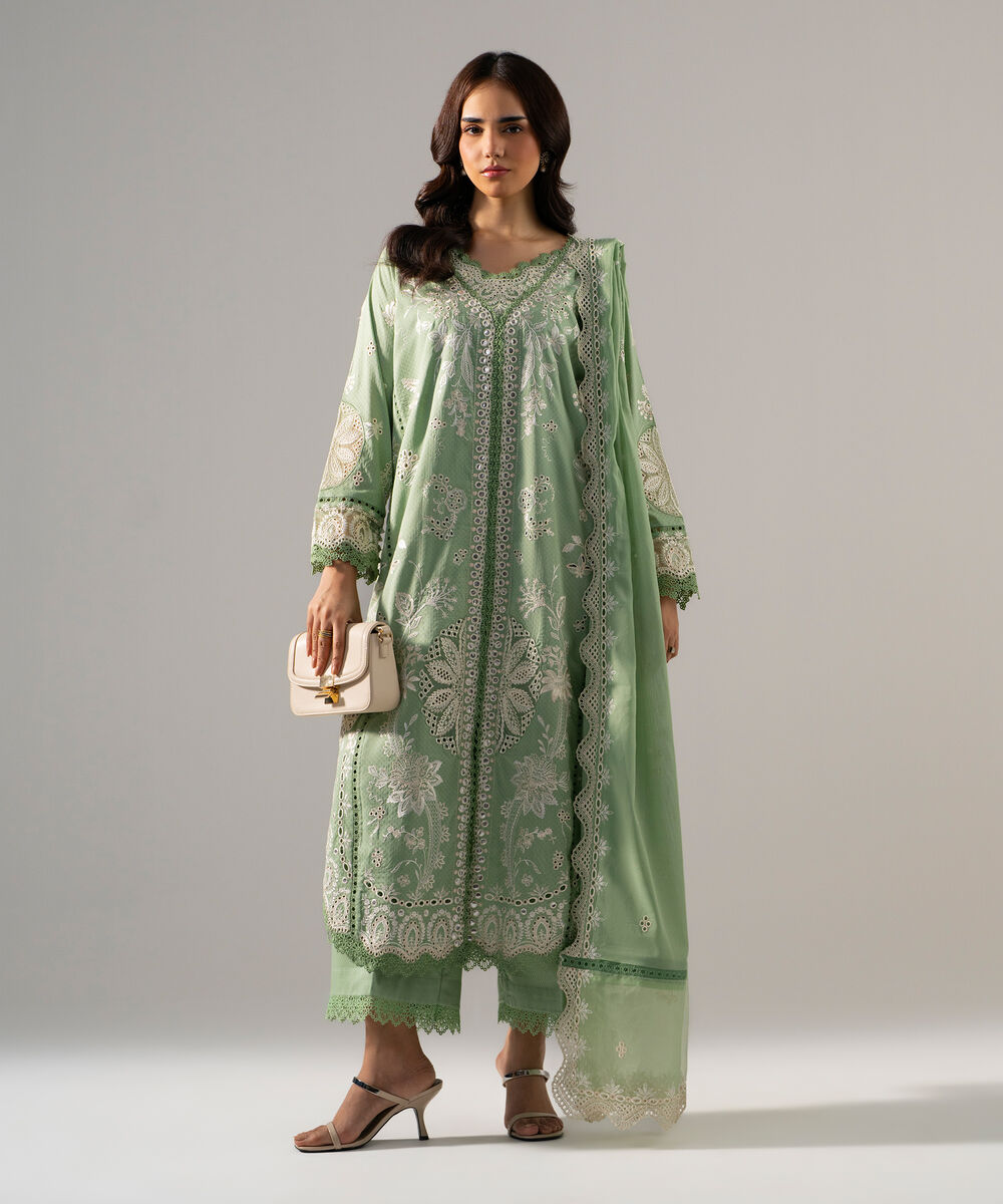 Women's RTW Dobby Solid Embroidered Green 3 Piece Suit