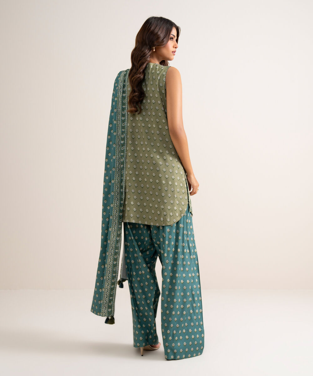 Women's Unstitched Printed Linen Beige 3 Piece Suit