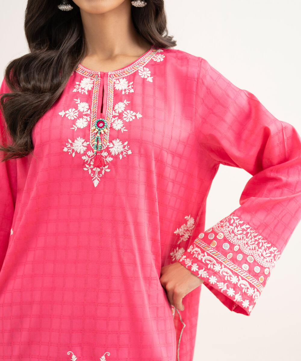 Women's RTW Dobby Embroidered Pink Straight Shirt